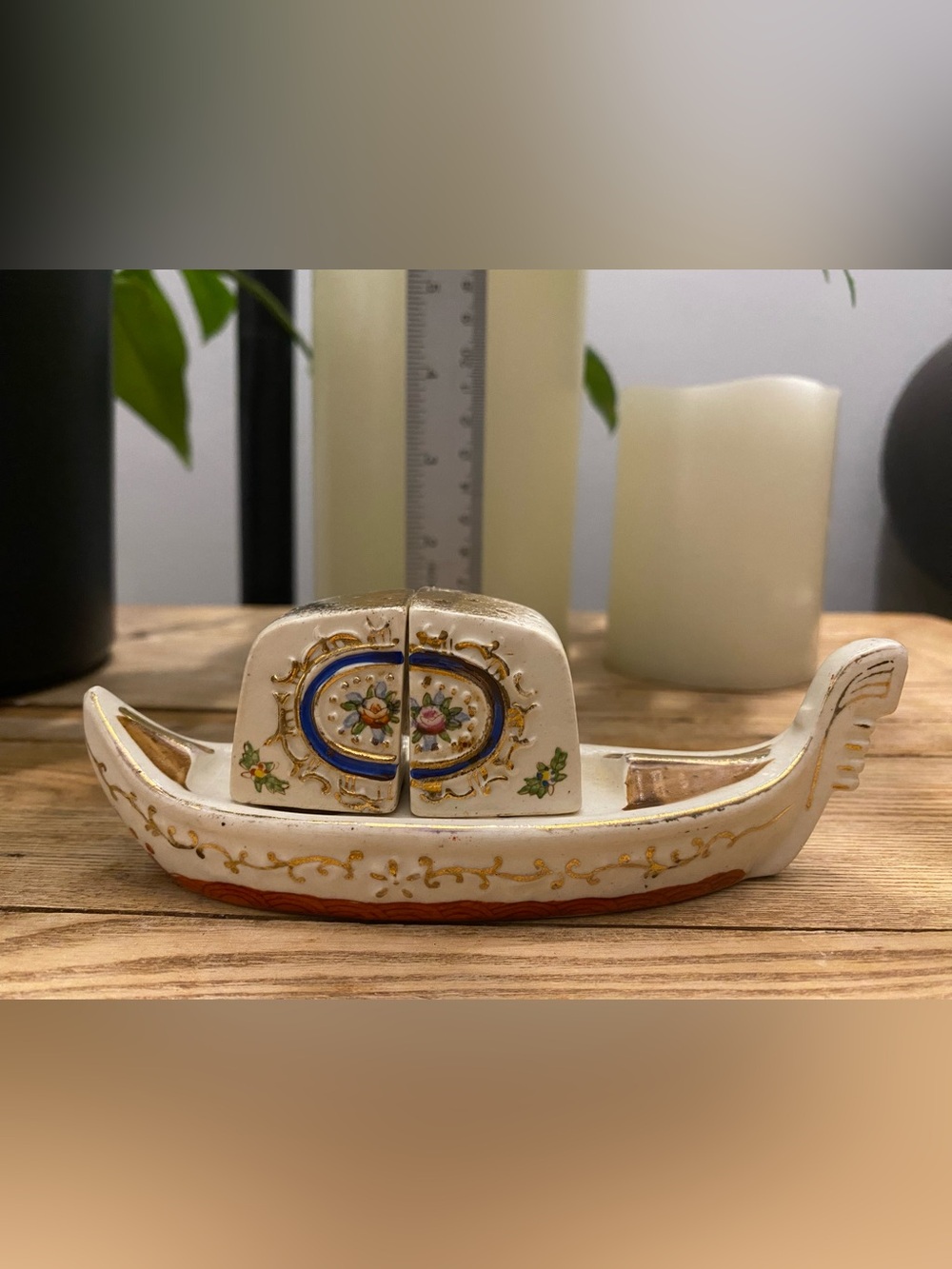 Vintage Occupied Japan Gondola Boat Salt & Pepper Shaker Set 3-Piece Floral Gold